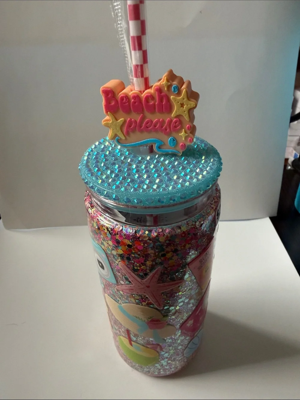 Beach Please 20 oz Dry Glitter Tumbler w/ Jeweled Lid & Topper